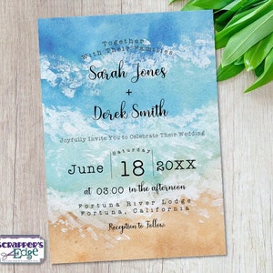 Invitación de boda 5 "x7" Playa y olas / Océano / Arena / Invitación de boda con RSVP / Tarjeta de invitación / Juegos de tarjetas de boda / Imprimir en casa