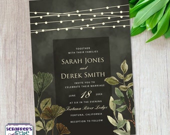 Wedding Invitation 5x7 String Lights and Foliage | Plants | Wedding Invitation with RSVP | Invitation Card | Wedding Card Set |Print at Home