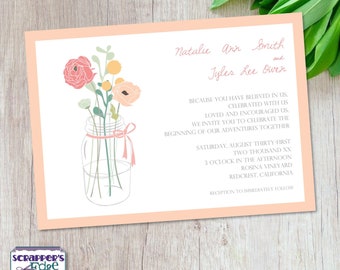 Wedding Invitation 7"x5" Mason Jar with Flowers, Rustic, Simple | Wedding Invitation with RSVP | Invitation Card | Wedding Card | Printable