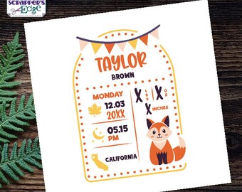Baby Announcement 7"x7" Little Fall Fox  | Invitation | Announcement | Baby Shower Printable | Print Home | Celebrate | Shower Invite
