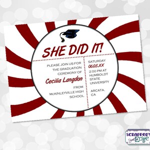 Convite de formatura 7"x5" Ela fez isso! Chapéu e borla | cartão de formatura | Classe Sênior | Cartão imprimível | Imprima em casa | Celebração |