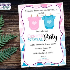 Gender Reveal Einladung 5"x7" Onesie Wäscheleine | Einladung | Gender Reveal | Ausdruckbare | Druck zu Hause | Junge oder Mädchen | Baby