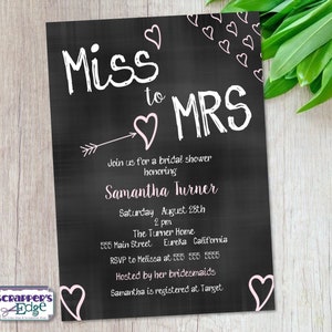 Invito doccia nuziale 5"x7" Miss to Mrs. / Amore / Matrimonio / Sposa / Cuori / Lavagna / Biglietto d'invito / Stampa a casa