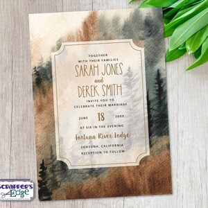 Invitación de boda 5 "x7" Bosque de acuarela marrón / Madera / Invitación de boda con RSVP / Tarjeta de invitación / Juegos de tarjetas de boda / Imprimir en casa