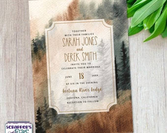 Wedding Invitation 5"x7" Brown Watercolor Forest | Wood | Wedding Invitation with RSVP | Invitation Card | Wedding Card Sets | Print at Home