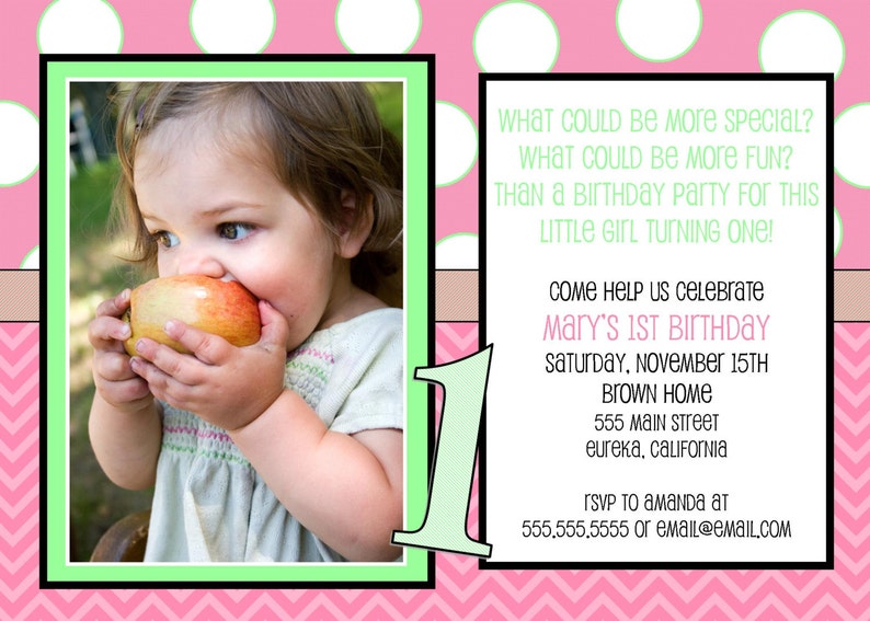 Birthday Invitation 7x5 First Birthday Polka Dots Baby Invitation Birthday Printable Print at Home Party Invite Birthday Party image 5