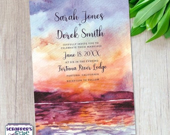 Wedding Invitation 5x7 Seascape Sunset | Beach & Ocean | Wedding Invitations with RSVP | Invitation Cards | Wedding Card Set |Prints at Home