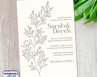 Wedding Invitation 5x7  White and Gray Leaves | Foliage | Wedding Invitation with RSVP | Invitation Card | Wedding Card Set | Prints at Home