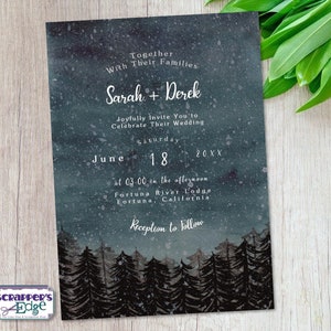Invitación de boda 5 "x7" Snowy Night Pine Forest / Woods / Invitación de boda con RSVP / Tarjeta de invitación / Juego de tarjetas de boda / Imprimir en casa