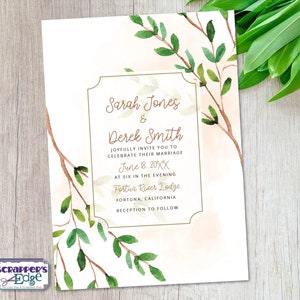Invitación de boda 5x7 Hojas verdes Acuarela / Follaje / Invitación de boda con RSVP / Tarjeta de invitación / Juego de tarjetas de boda / Imprimir en casa