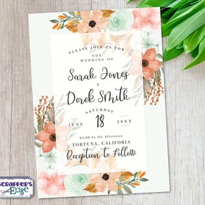Huwelijksuitnodiging 5 "x7" Blauw en Perzik Blad | Bloemen | Huwelijksuitnodiging met RSVP | Uitnodigingskaart | Trouwkaart Set | Thuis afdrukken