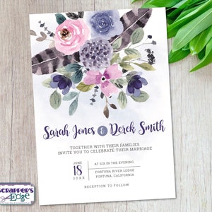 Hochzeitseinladung 5x7 Blau und Rosa Floral Feder | Hochzeitseinladung mit RSVP | Einladungskarte | HochzeitskartenSets | Druck zu Hause