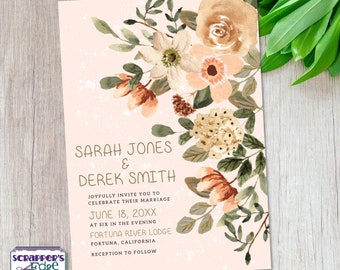 Wedding Invitation 5x7  Vintage Peach Foliage | Floral | Wedding Invitations with RSVP | Invitation Cards | Wedding Card Set |Prints at Home