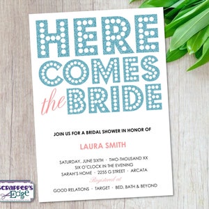 Invitación Bridal Shower 5"x7" Aquí Viene la Novia / Amor / Boda / Novia / Celebra / Glitter / Brillo / Imprimible / Imprimir en Casa