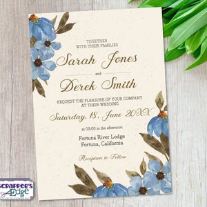 Invitación de boda 5x7 Blue Daisy Acuarela / Botánica / Invitación de boda con RSVP / Tarjeta de invitación / Juego de tarjetas de boda / Imprimir en casa