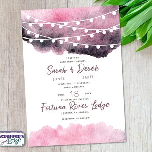 Hochzeitseinladung 5"x7" Rosa Aquarell Lichterkette | Hochzeitseinladungen mit RSVP | Einladungskarten | Hochzeitskarten Set | Drucke zu Hause