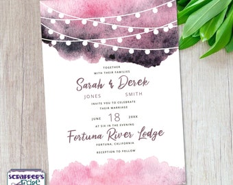 Wedding Invitation 5"x7" Pink Watercolor String Lights | Wedding Invitations with RSVP | Invitation Cards | Wedding Card Set |Prints at Home