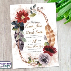 Hochzeitseinladung 5x7 Floral Feder Aquarell | Rustikale | Hochzeitseinladung mit RSVP | Einladungskarte | Hochzeitskarten Set | Druck zu Hause