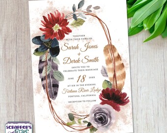 Wedding Invitation 5x7 Floral Feather Watercolor | Rustic | Wedding Invitation with RSVP | Invitation Card | Wedding Card Set |Print at Home