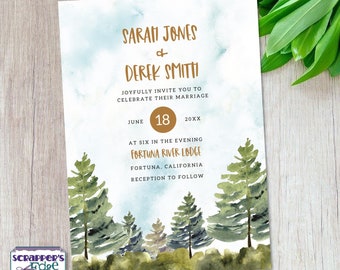 Wedding Invitation 5x7 Pine Trees and Blue Sky | Forest | Wedding Invitation with RSVP | Invitation Card | Wedding Card Sets | Print at Home