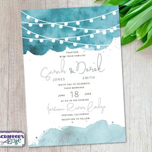 Hochzeitseinladung 5"x7" Blaue Aquarell Lichterkette | Hochzeitseinladung mit RSVP | Einladungskarte | Hochzeitskarten Set | Druck zu Hause