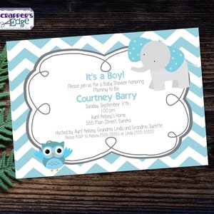 Baby Shower Uitnodiging 7 "x5" Chevron Uil en Olifanten | Het is een Boy | Babyshower Printable | Thuis printen | Vier | Douche Uitnodigen |