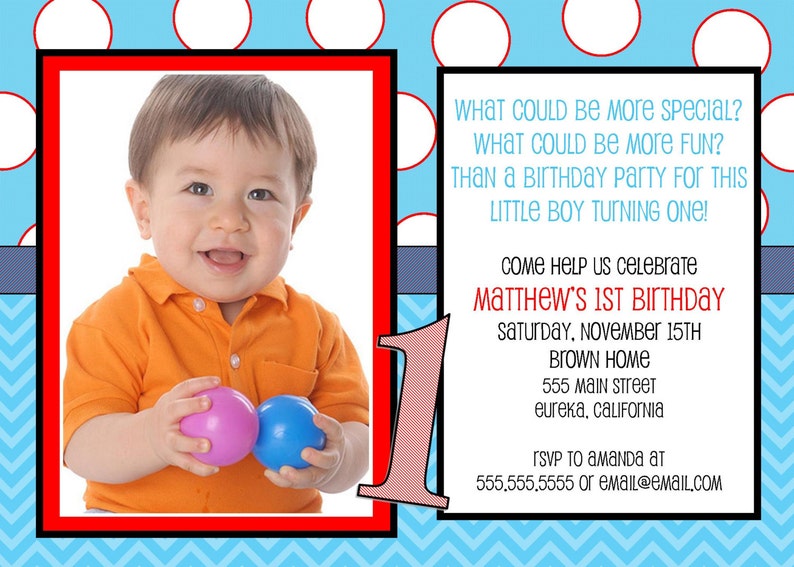 Birthday Invitation 7x5 First Birthday Polka Dots Baby Invitation Birthday Printable Print at Home Party Invite Birthday Party image 2