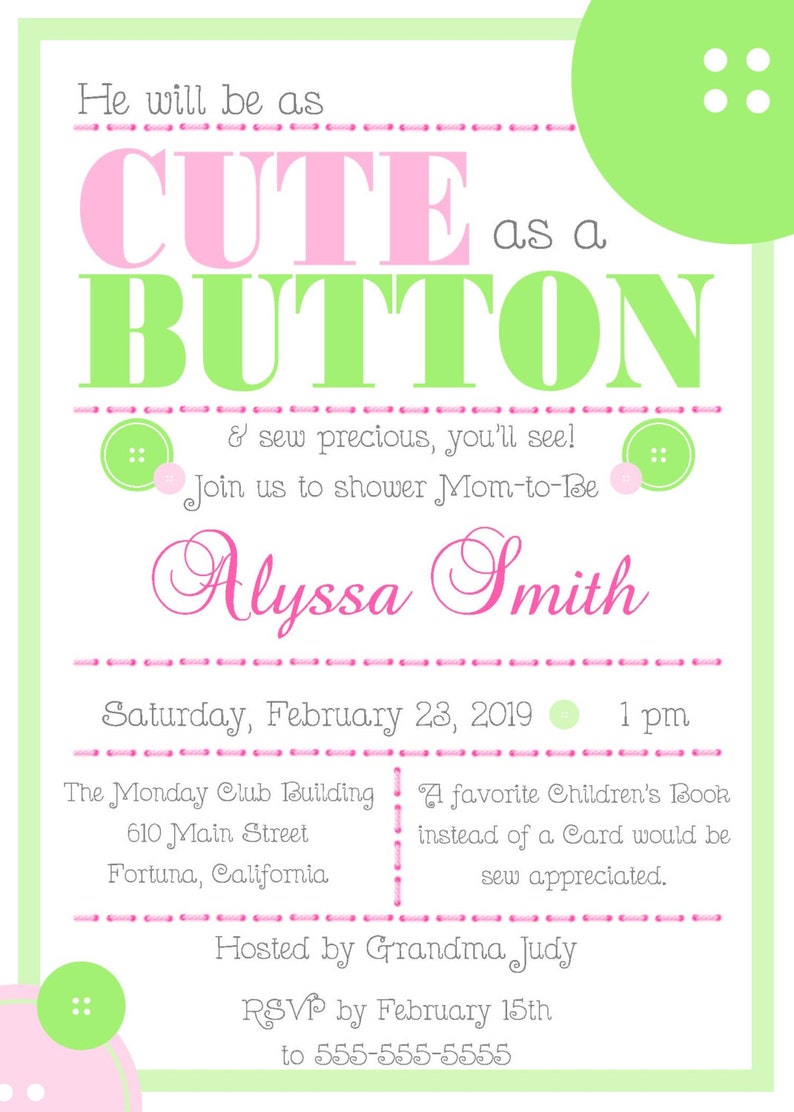 Cute as a Button Baby Shower Invitation 5x7 Custom Etsy