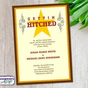 Hochzeitseinladung 5"x7" Gettin' Hitched | Land | Hochzeitseinladung mit RSVP | Einladungskarte | HochzeitskartenSets | Druck zu Hause