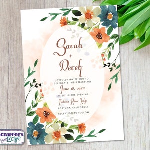 Hochzeitseinladung 5"x7" Orange Blau Floral | Botanische | Hochzeitseinladung mit RSVP | Einladungskarte | HochzeitskartenSets | Druck zu Hause