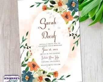 Wedding Invitation 5"x7" Orange Blue Floral | Botanical | Wedding Invitation with RSVP | Invitation Card | Wedding Card Sets | Print at Home