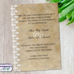 Hochzeitseinladung 15 x 100 x 100g Vintage, Altes Papier, Spitze | Hochzeitseinladung mit RSVP | Einladungskarte | HochzeitskartenSets | Druck zu Hause