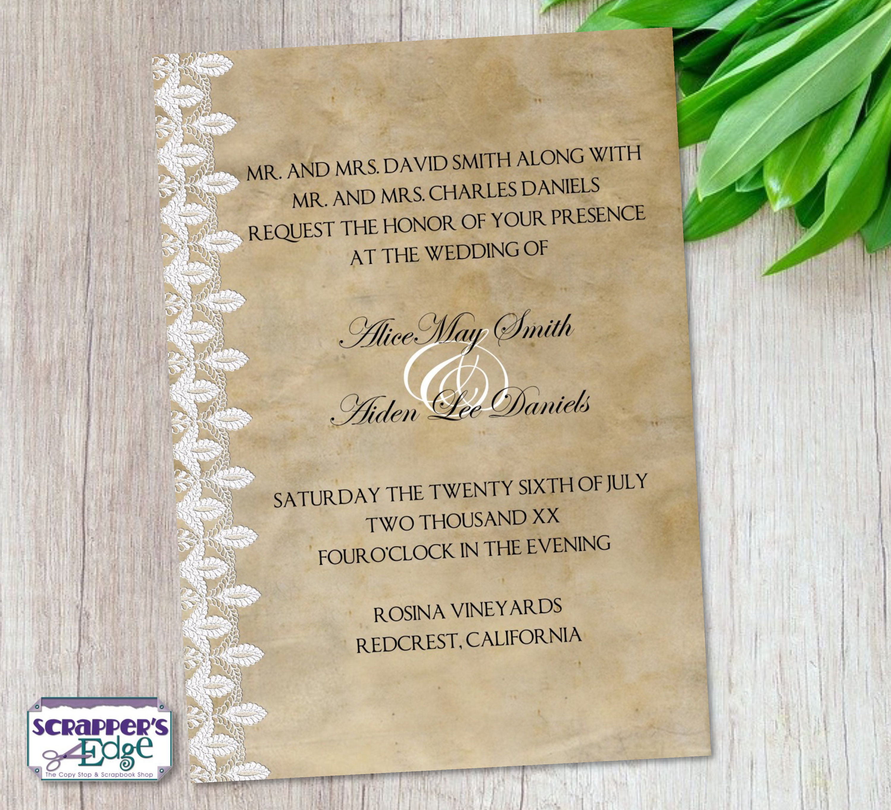 Wedding Invitation 5”x7” Vintage, Old Paper, Lace | Wedding