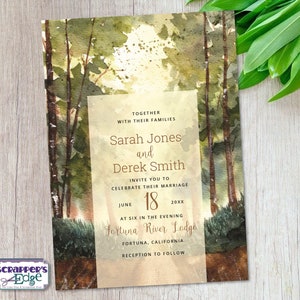 Hochzeitseinladung 5"x7" Wald Aquarell | Wald | Hochzeitseinladungen mit RSVP | Einladungskarten | HochzeitskartenSets | Druck zu Hause