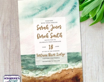 Wedding Invitation 5x7  Seascape Ocean Watercolor | Beach | Wedding Invitation with RSVP | Invitation Card | Wedding Card Set |Print at Home