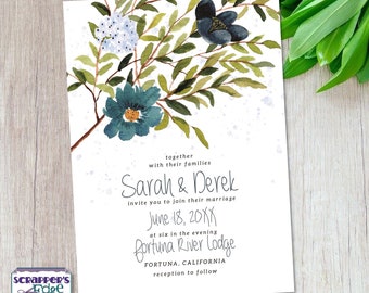 Wedding Invitation 5"x7" Lush Blue Floral | Botanical | Wedding Invitations with RSVP | Invitation Cards | Wedding Card Sets | Print at Home