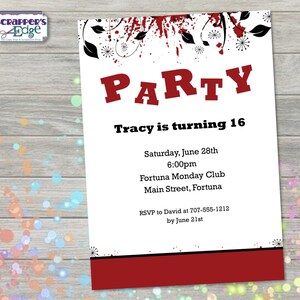 Invitation d’anniversaire 5 « x7 » Feuillage Rouge & Noir | | d’invitation pour adultes | de fête | imprimables d’anniversaire Imprimer à la maison | | d’invitation à la fête | d’anniversaire