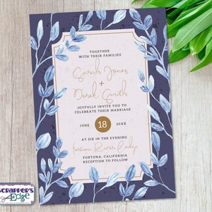 Invitación de boda 5x7 Hojas azules / Follaje / Botánico / Invitación de boda con RSVP / Tarjeta de invitación / Juego de tarjetas de boda / Imprimir en casa