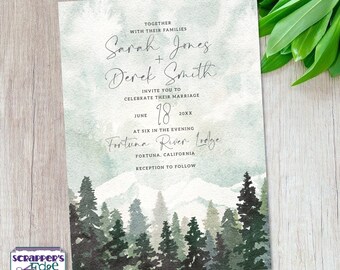 Wedding Invitation 5"x7" Winter Pine Forest | Woodland | Wedding Invitations with RSVP | Invitation Card | Wedding Card Set | Prints at Home