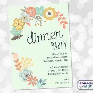 Dinner Party Einladung 7"x5" Laub und Floral | Dinner Einladung | Druckbare | Dinner Party | Druck zu Hause | Besteck | Gartenszene |