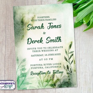 Invitación de boda 5x7 Follaje verde abstracto / Greenery / Invitación de boda con RSVP / Tarjeta de invitación / Juego de tarjetas de boda / Imprimir en casa