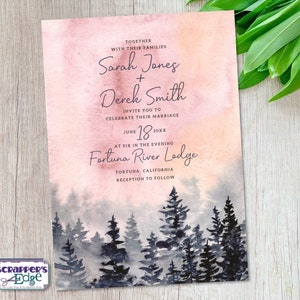 Hochzeitseinladung 5"x7" Misty Pink Pine Forest | Holz | Hochzeitseinladungen mit RSVP | Einladungskarte | HochzeitskartenSets | Druck zu Hause