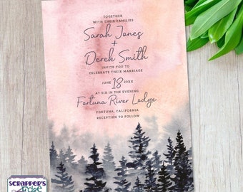 Wedding Invitation 5"x7" Misty Pink Pine Forest | Wood | Wedding Invitations with RSVP | Invitation Card | Wedding Card Sets | Print at Home