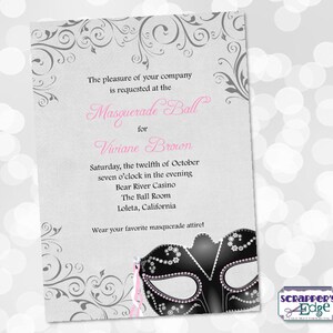 Invitación Al Baile de Máscaras 5"x7" con Gris y Rosa / Mascarada / Baile / Vestidos / Imprimibles / Estampado en Casa / Máscaras / Misterio / Fiesta