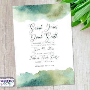Invitación de boda 5x7 Acuarela verde abstracta / Artística / Invitación de boda con RSVP / Tarjeta de invitación / Juego de tarjetas de boda / Imprimir en casa