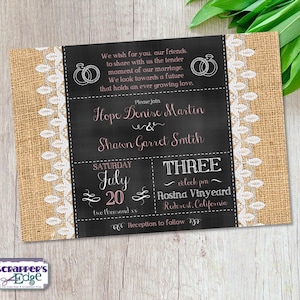 Invitation de mariage 5 « x7 » toile de jute, dentelle et tableau noir | Invitation de mariage avec RSVP | carte d’invitation | Ensembles de cartes de mariage | Imprimer à la maison