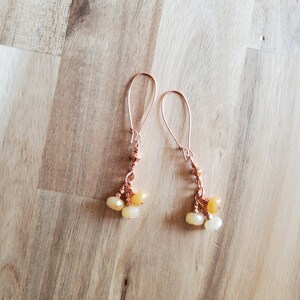 Peut inclure: Une paire de boucles d'oreilles pendantes de couleur cuivrée. Chaque boucle d'oreille comporte un long crochet incurvé et un groupe de petites perles jaunes et blanches. Les boucles d'oreilles sont présentées sur une surface en bois brun clair.