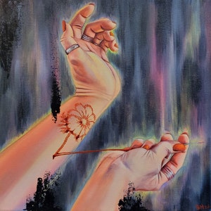 May include: A painting of a hand holding a needle, with a dandelion tattoo on the arm. The background is a blurred, colorful canvas.