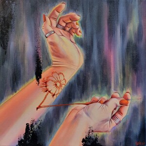 May include: A painting of a hand holding a needle, with a dandelion tattoo on the arm. The dandelion is drawn with a red line extending from it, as if it is being pulled out of the skin.