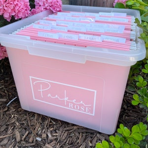 May include: A pink plastic storage box with a white label that says "Parker Rose". The box is filled with folders labeled with different grade levels, including preschool, kindergarten, 1st grade, 2nd grade, 3rd grade, 4th grade, 5th grade, 6th grade, 7th grade, 8th grade, 9th grade, 10th grade, 11th grade, 12th grade, and college.